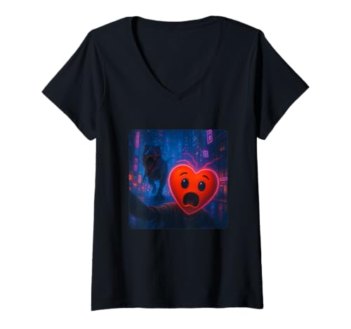 Damen Herz Selfie T-Rex Dinosaurier Chase Lustiger Humor T-Shirt mit V-Ausschnitt von Escape Adventure Prehistoric Comical Ancient