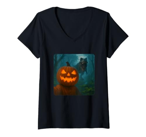 Damen Kürbis Selfie T-Rex Dinosaurier Chase Lustiger Humor T-Shirt mit V-Ausschnitt von Escape Adventure Prehistoric Comical Ancient