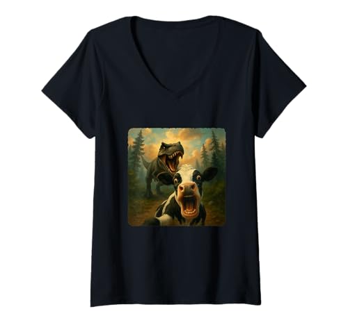 Damen Kuh Selfie T-Rex Dinosaurier Chase Lustiger Humor T-Shirt mit V-Ausschnitt von Escape Adventure Prehistoric Comical Ancient
