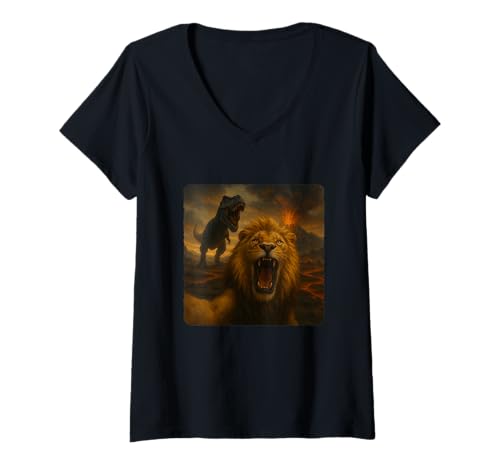 Damen Lion Selfie T-Rex Dinosaurier Chase Lustiger Humor T-Shirt mit V-Ausschnitt von Escape Adventure Prehistoric Comical Ancient