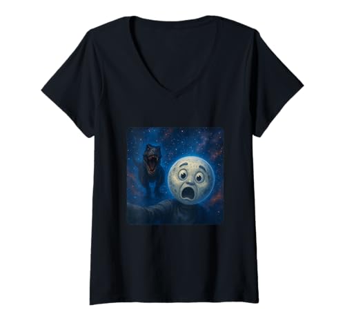 Damen Moon Selfie T-Rex Dinosaurier Chase Lustiger Humor T-Shirt mit V-Ausschnitt von Escape Adventure Prehistoric Comical Ancient