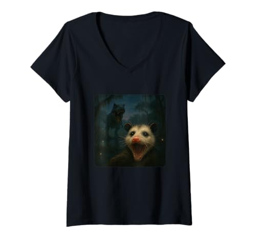 Damen Opossum Selfie T-Rex Dinosaurier Chase Lustiger Humor T-Shirt mit V-Ausschnitt von Escape Adventure Prehistoric Comical Ancient