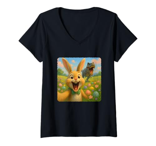 Damen Osterhase Selfie T-Rex Dinosaurier Chase Lustiger Humor T-Shirt mit V-Ausschnitt Damen Osterhase Selfie T-Rex Dinosaurier Chase Lustiger Humor T-Shirt mit V-Ausschnitt von Escape Adventure Prehistoric Comical Ancient
