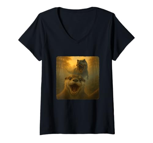 Damen Otter Selfie T-Rex Dinosaurier Chase Lustiger Humor T-Shirt mit V-Ausschnitt Damen Otter Selfie T-Rex Dinosaurier Chase Lustiger Humor T-Shirt mit V-Ausschnitt von Escape Adventure Prehistoric Comical Ancient
