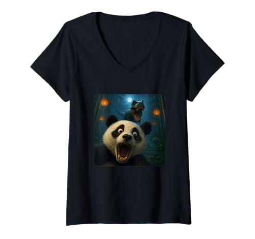 Damen Panda Selfie T-Rex Dinosaurier Chase Lustiger Humor T-Shirt mit V-Ausschnitt von Escape Adventure Prehistoric Comical Ancient