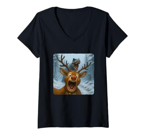 Damen Rentier Selfie T-Rex Dinosaurier Chase Lustiger Humor T-Shirt mit V-Ausschnitt von Escape Adventure Prehistoric Comical Ancient