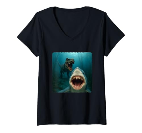 Damen Shark Selfie T-Rex Dinosaurier Chase Lustiger Humor T-Shirt mit V-Ausschnitt von Escape Adventure Prehistoric Comical Ancient