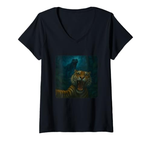 Damen Tiger Selfie T-Rex Dinosaurier Chase Lustiger Humor T-Shirt mit V-Ausschnitt von Escape Adventure Prehistoric Comical Ancient