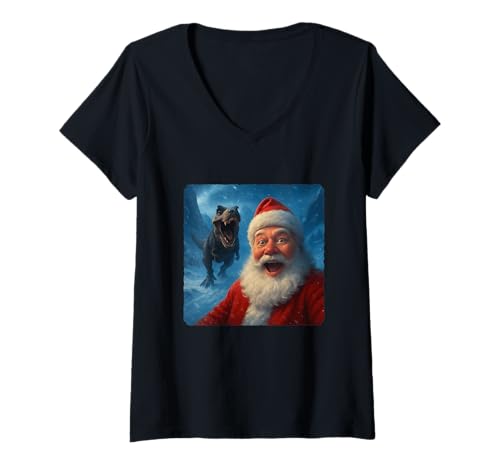 Damen Weihnachtsmann Selfie T-Rex Dinosaurier Chase Lustiger Humor T-Shirt mit V-Ausschnitt von Escape Adventure Prehistoric Comical Ancient