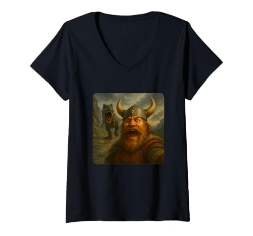 Damen Wikinger Selfie T-Rex Dinosaurier Chase Lustiger Humor T-Shirt mit V-Ausschnitt von Escape Adventure Prehistoric Comical Ancient