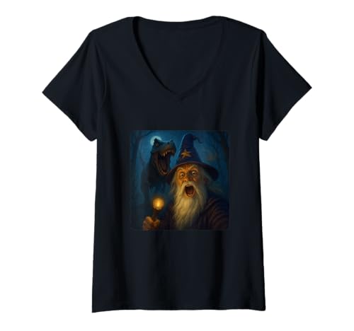 Damen Wizard Selfie T-Rex Dinosaurier Chase Lustiger Humor T-Shirt mit V-Ausschnitt von Escape Adventure Prehistoric Comical Ancient