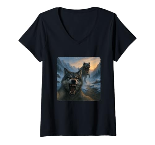 Damen Wolf Selfie T-Rex Dinosaurier Chase Lustiger Humor T-Shirt mit V-Ausschnitt von Escape Adventure Prehistoric Comical Ancient