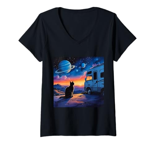Damen Stargazing Cat im Wohnmobil-Urlaub T-Shirt mit V-Ausschnitt Damen Stargazing Cat im Wohnmobil-Urlaub T-Shirt mit V-Ausschnitt von Eschaton Garden