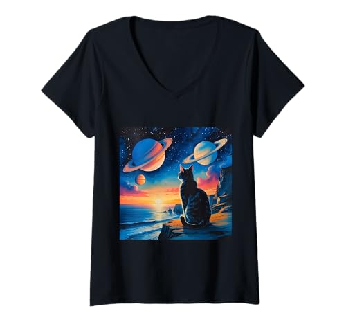 Damen Sternenbeobachtung bei Sonnenaufgang an der Meeresklippe von Alien World Artscape T-Shirt mit V-Ausschnitt Damen Sternenbeobachtung bei Sonnenaufgang an der Meeresklippe von Alien World Artscape T-Shirt mit V-Ausschnitt von Eschaton Garden