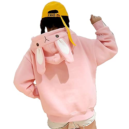 Esdlajks Kawaii Hoodie für Womens - Kawaii Hoodie Plüsch Gepolsterte Pullover Frauen Kaninchenohren Nette Stickerei Fleece-Oberteil mit Kapuze (Color : Pink, Size : XL) von Esdlajks