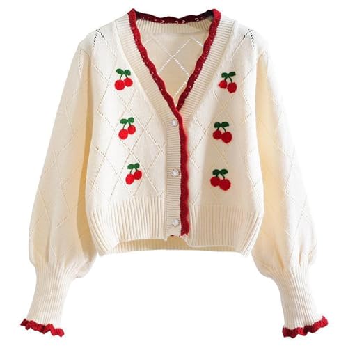 Esdlajks Pullover für Frauen Pullover Jacket Langarm Top Strawberry Bestickte Rundhals Niedlichen Strick Cardigan Frauen Western Stil (Color : White, Size : One Size) von Esdlajks