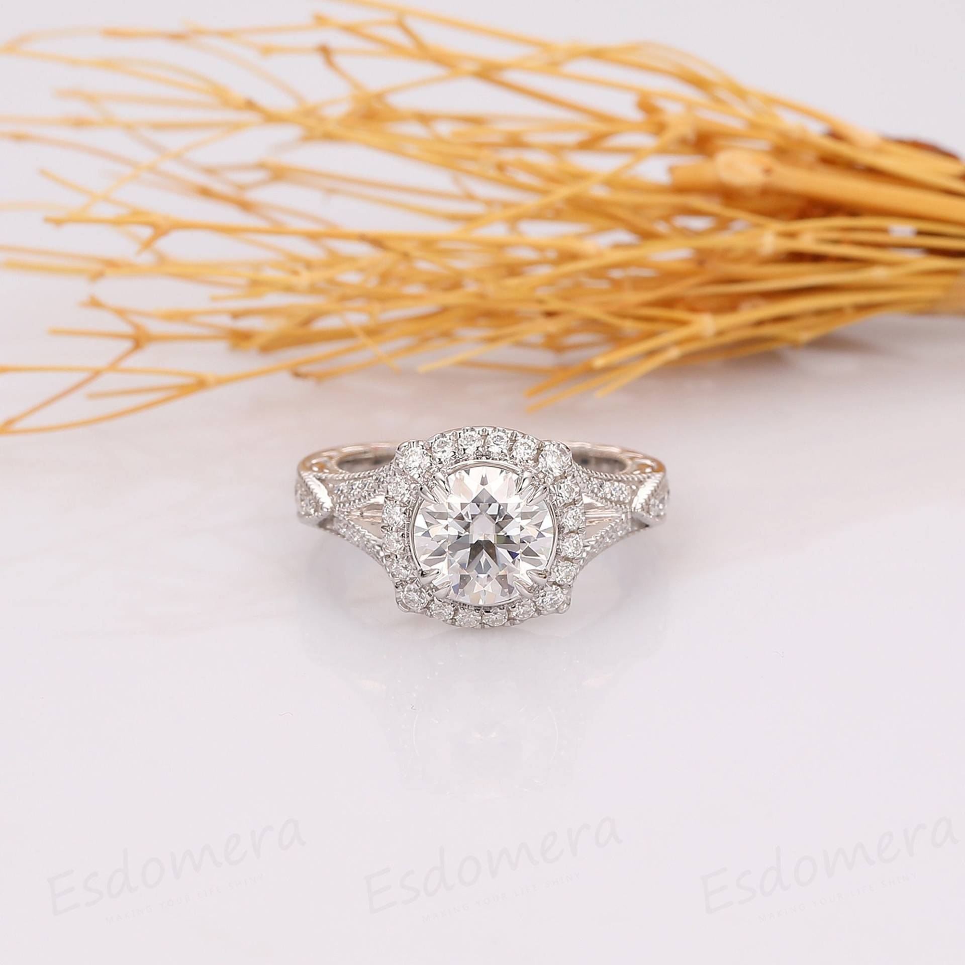 1.5Ct Rundschliff Moissanite Halo Ring, Art Deco Milgrain Design Verlobungsring, Split Shanks Hochzeit Versprechen Perfektes Geschenk Für Frauen von Esdomera