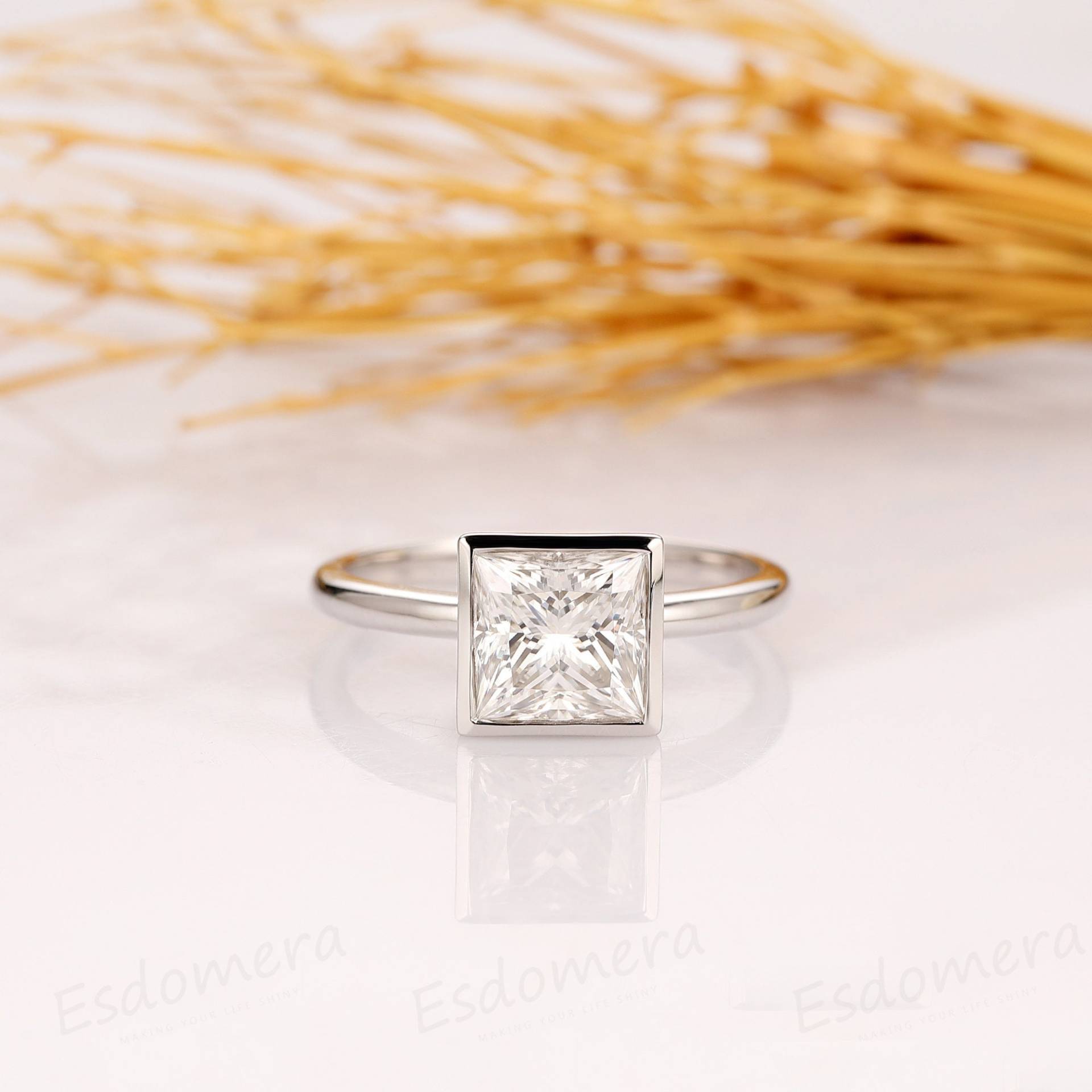 14K Weißgold Verlobungsring, 2Ct Princess Cut Moissanite Brautring, Schlichter Band, Jubiläumsring, Versprechensring Für Liebhaber von Esdomera