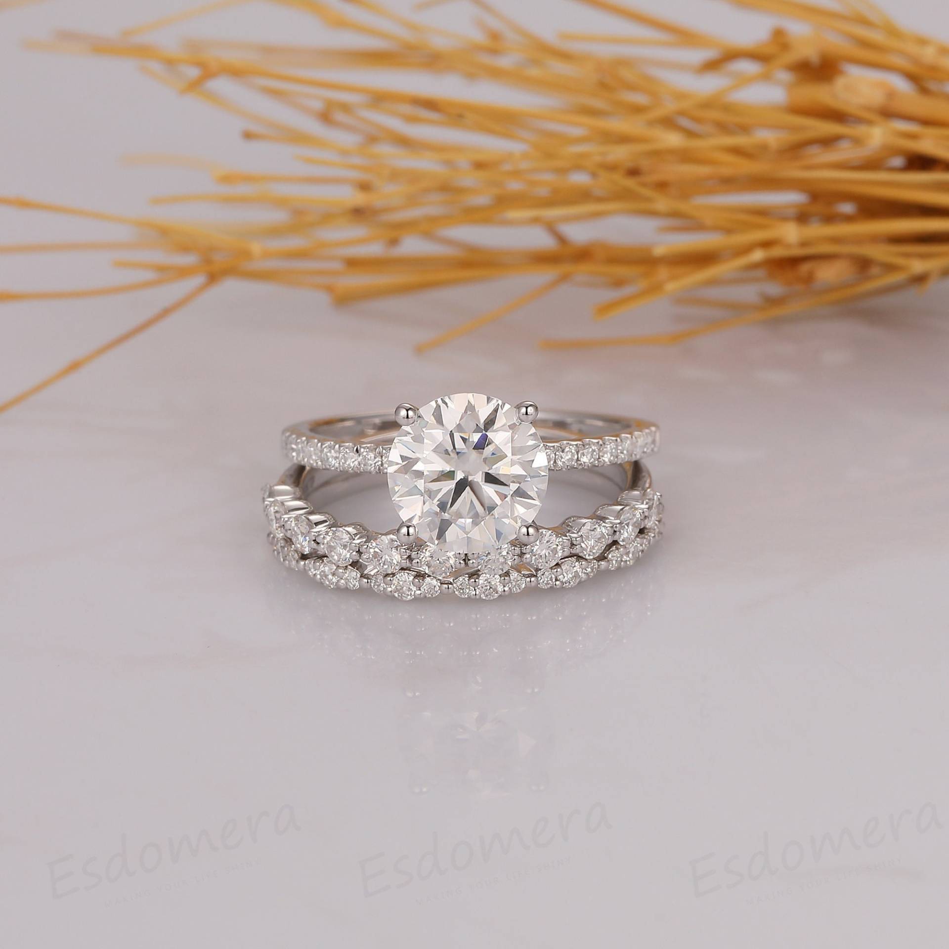 2Ct Rundschliff Moissanite Verlobungsring Set, 14K Weißgold Hochzeit Art Deco Jubiläum Braut Sets, Krappen Set Ring, Half Eternity Band 2Ct Rundschliff Moissanite Verlobungsring Set, 14K Weißgold Hochzeit Art Deco Jubiläum Braut Sets, Krappen Set Ring, Half Eternity Band von Esdomera