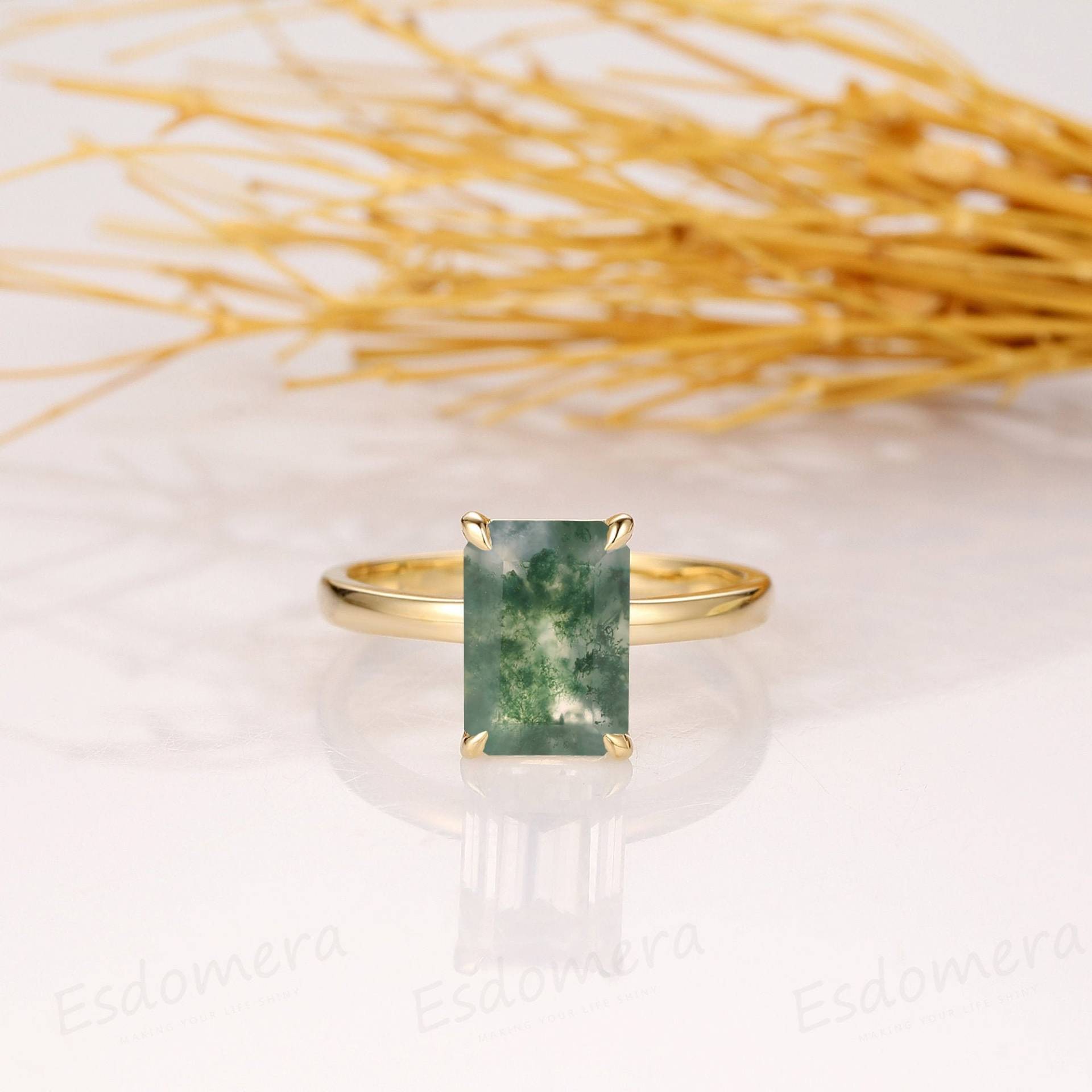 3.3Ct Smaragd Schliff Natur Moos Achat Braut Ehering, Grüner Stein Massiv 14K Gold Ring Für Verlobte, Versprechen Jahrestag Geschenk von Esdomera