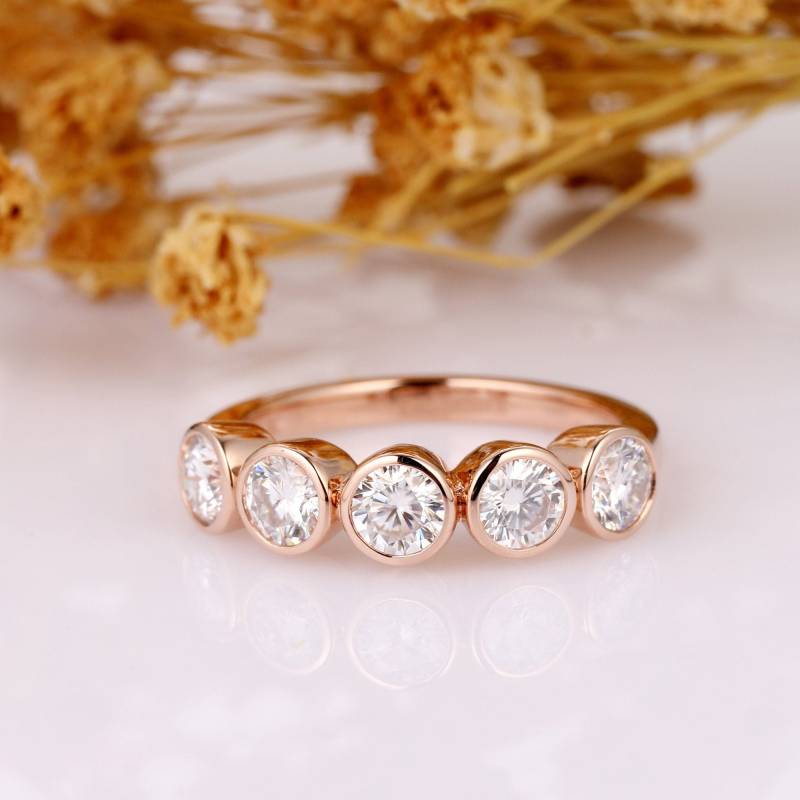 5 Steine Hochzeit Band, Lünette Einstellung Verlobungsring, Versprechen Geschenk Für Sie, Vintage 14K Rose Gold Braut Ring, Jahrestag von Esdomera