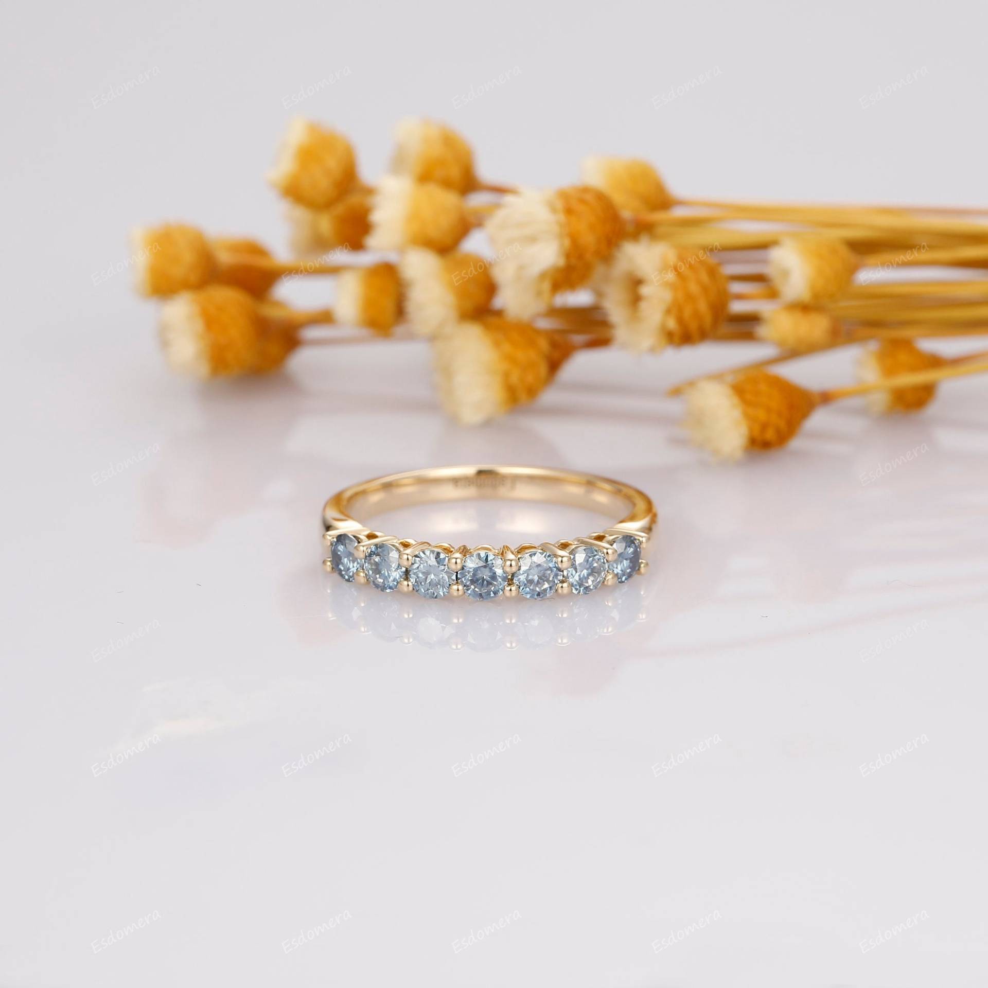 7 Stein Rund Geschnitten Grau Moissanite Ehering, 14K Rose Gold Jahrestag Ring, Ehering Geschenk Für Sie, Wunderschöne Braut Ring von Esdomera