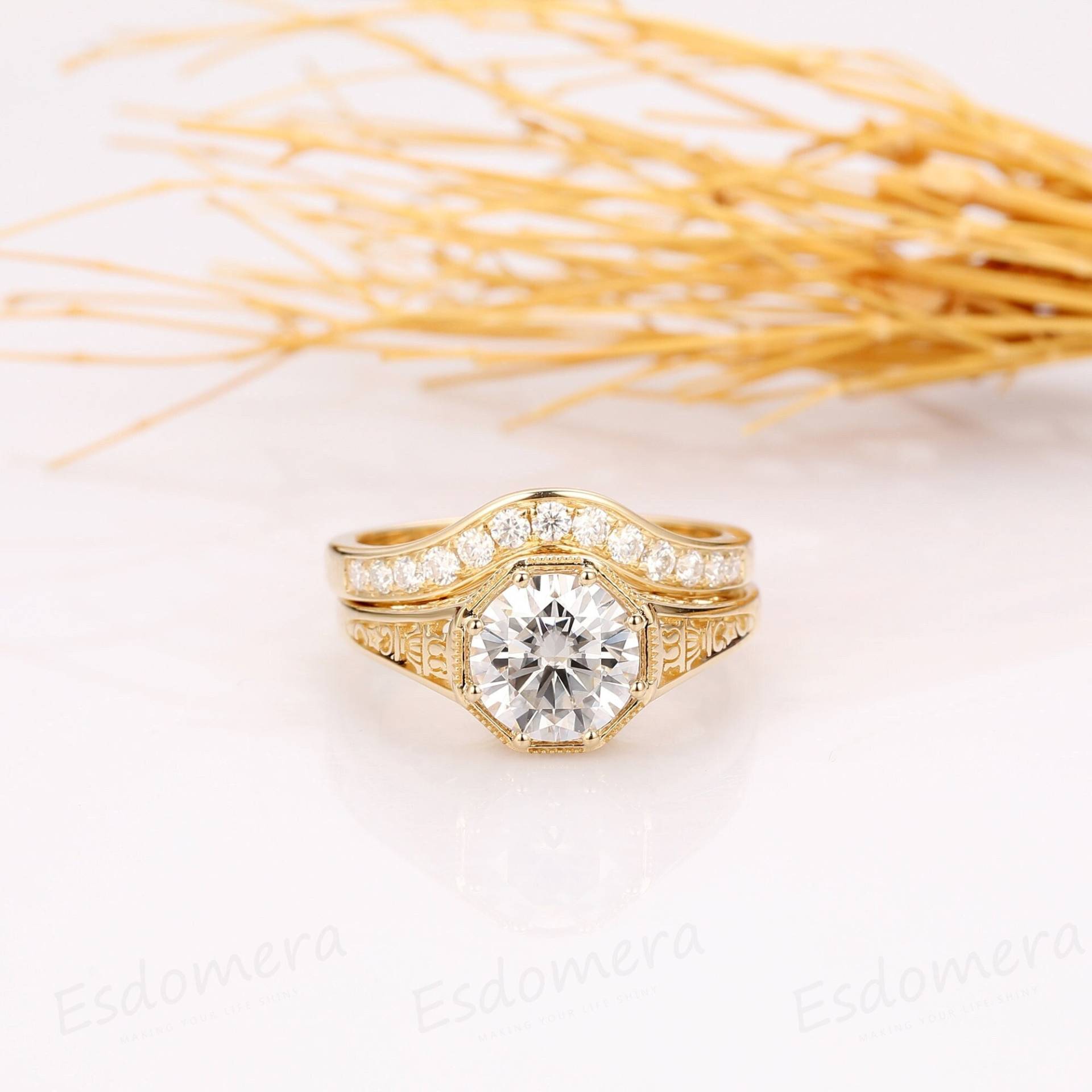 8mm Rundschliff Moissanite Verlobungsring, 14K Solid Gold Antique Damenring, Vintage Ehering Set, Versprechen, Jubiläumsgeschenk Für Sie von Esdomera