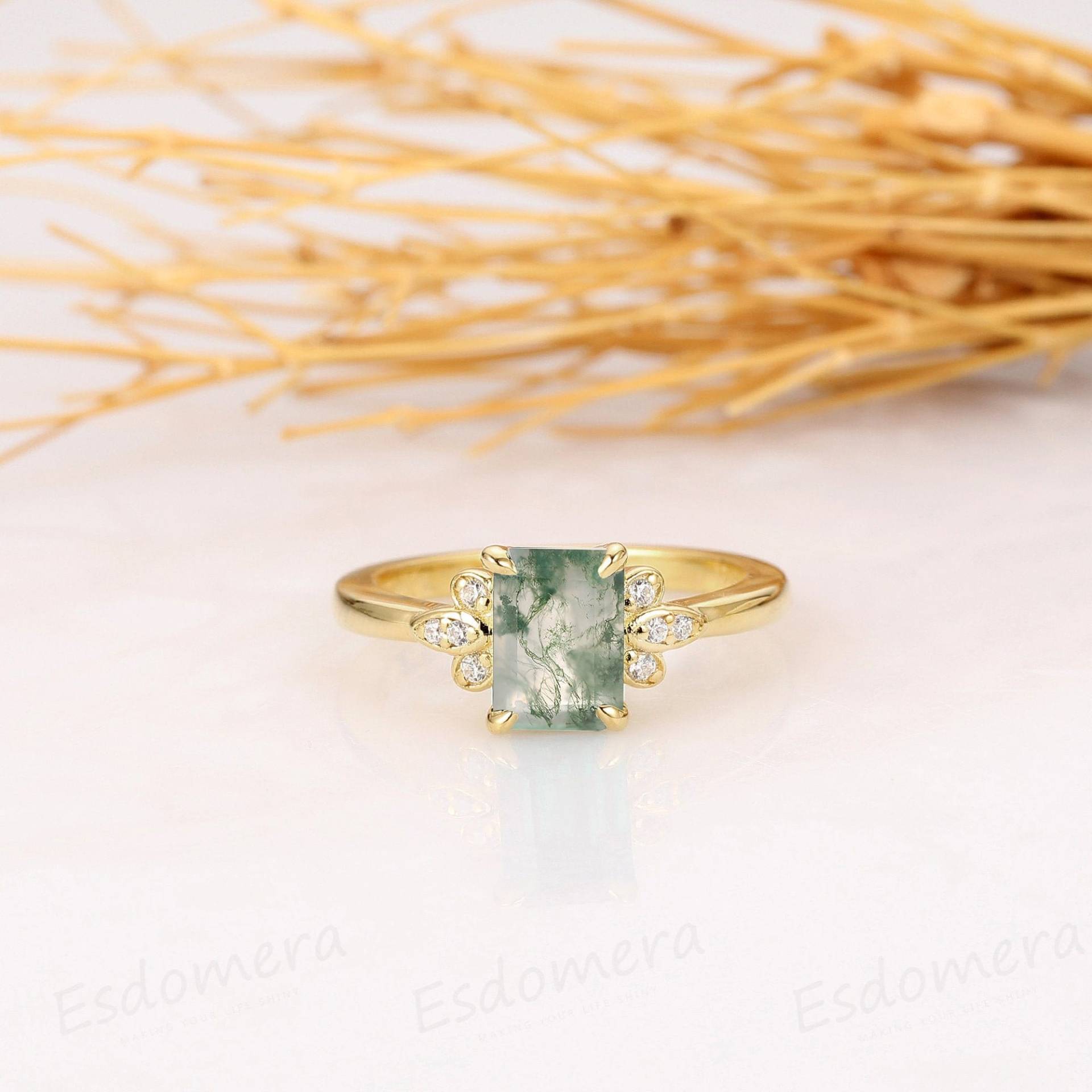 Art Deco 5x7mm Smaragd Schliff Natur Moos Achat Verlobungsring, 14K Massive Gelbgold Damen Ring, Versprechen Ring Jahrestag Geschenk Für Liebhaber von Esdomera