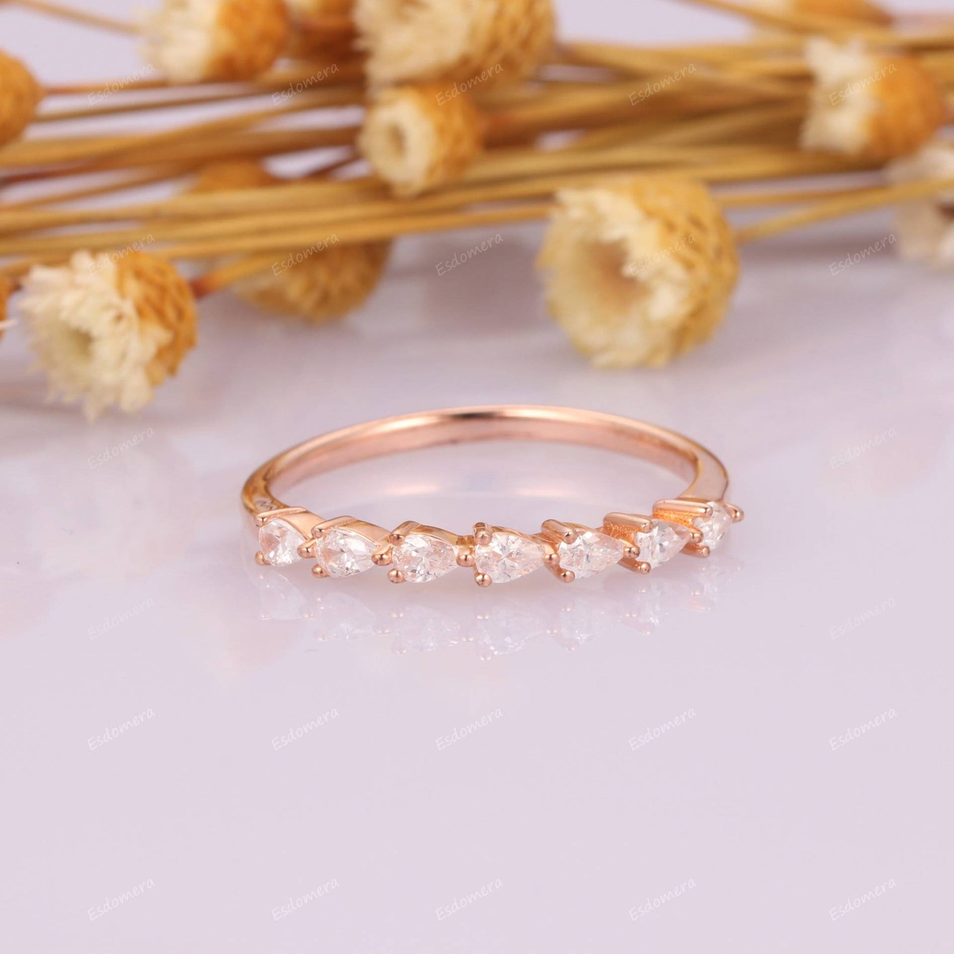 Einzigartiges Verlobungsband, Birne Moissanit Braut Versprechen Ring, Art Deco Rose Gold Halb Ewigkeit Hochzeitsband, Vintage Jahrestag Geschenk Für von Esdomera