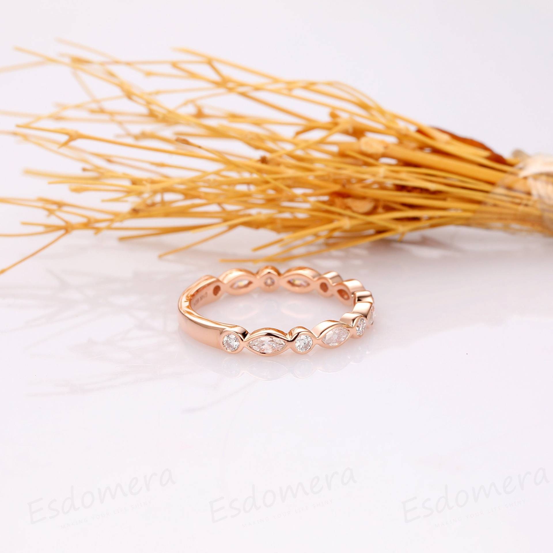 Marquise Schliff & Rundschliff Moissanite, Solide 14K Rose Gold Braut Ehering, Versprechen Passende Band, Jahrestagsgeschenk Für Liebhaber von Esdomera