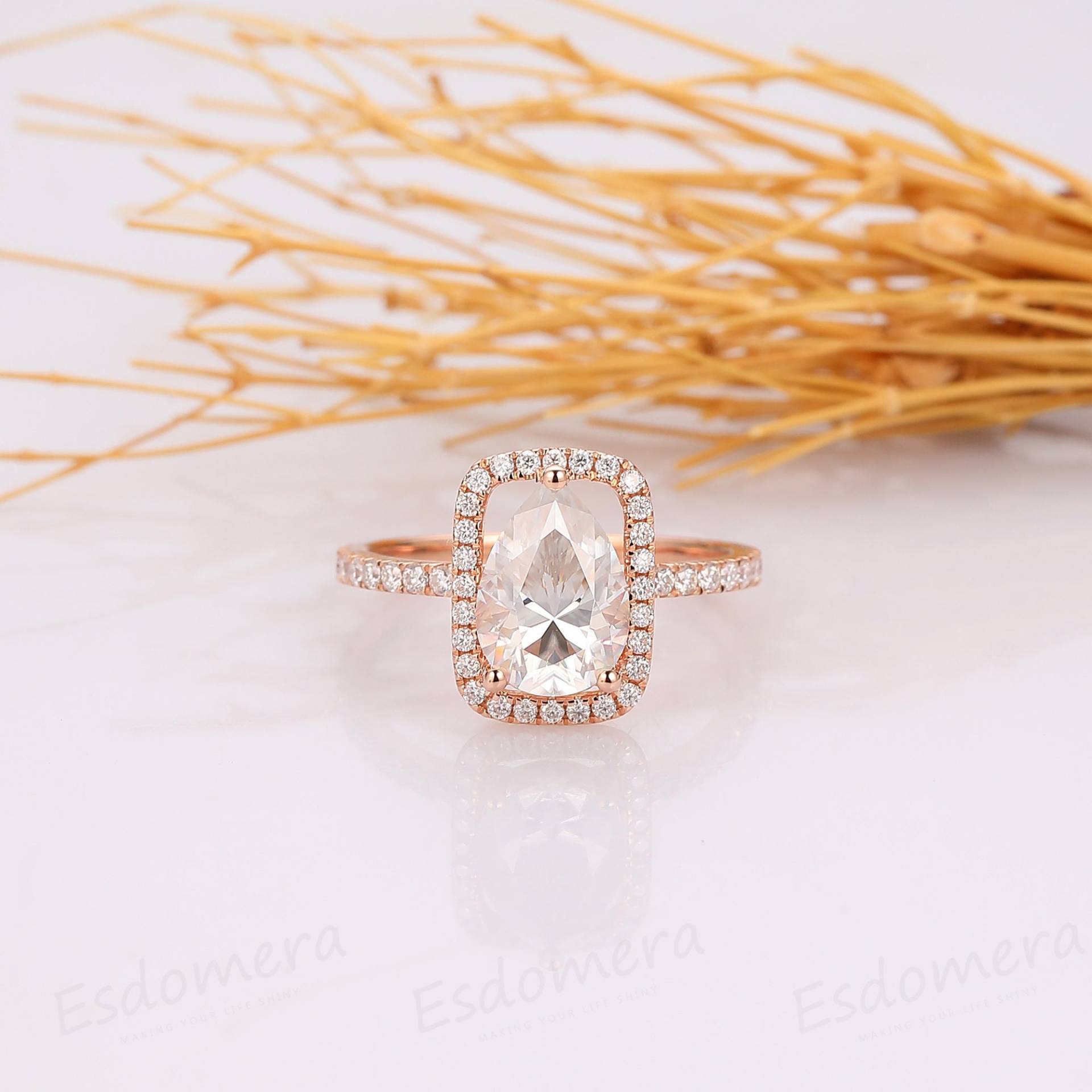 Moissanit Roségold Verlobungsring, Halo Pear Cut 2.25Ct Ehering, Jahrestag Geschenk Für Sie, Einzigartiger Brautring Frauen von Esdomera