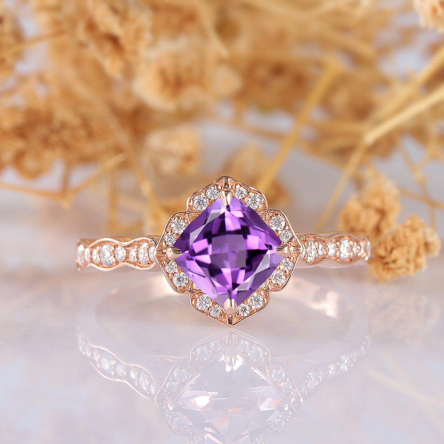 Natürliche Amethyst Ring, Schöne Verlobungsring, Kissen Geschnitten 1, 3 Ct Ehering, Rose Gold Jahrestag Elegantes Design von Esdomera