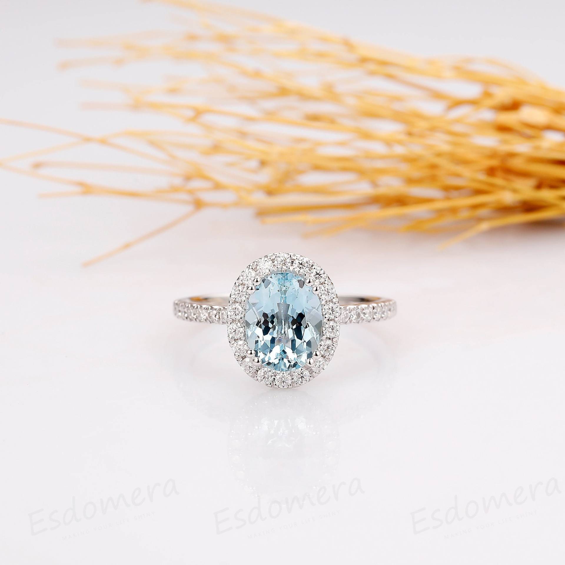 Oval Cut 7x9mm Natürlicher Aquamarin Ring, Halo 14K Weißgold Edelstein Brautring, Ring Für Frauen, Versprechen Jahrestag Geschenk von Esdomera