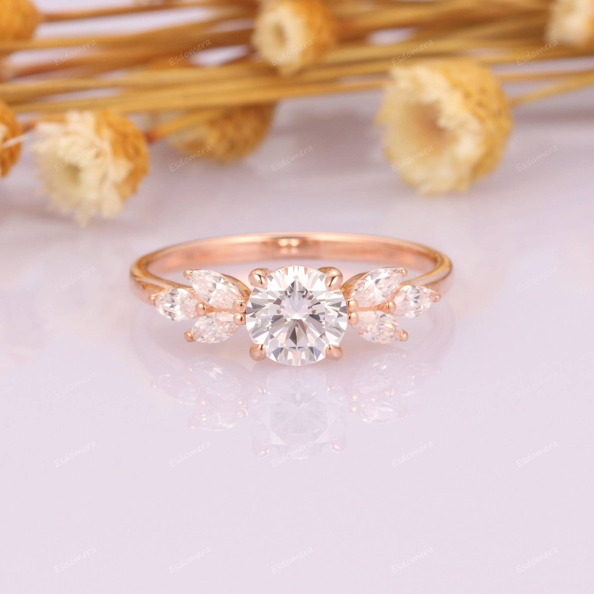 Rose Gold Rundschliff Marquise Moissanite Cluster Ring, Art Deco Verlobungsring, Vintage Jubiläumsring, Frauen Prong Set Ring von Esdomera