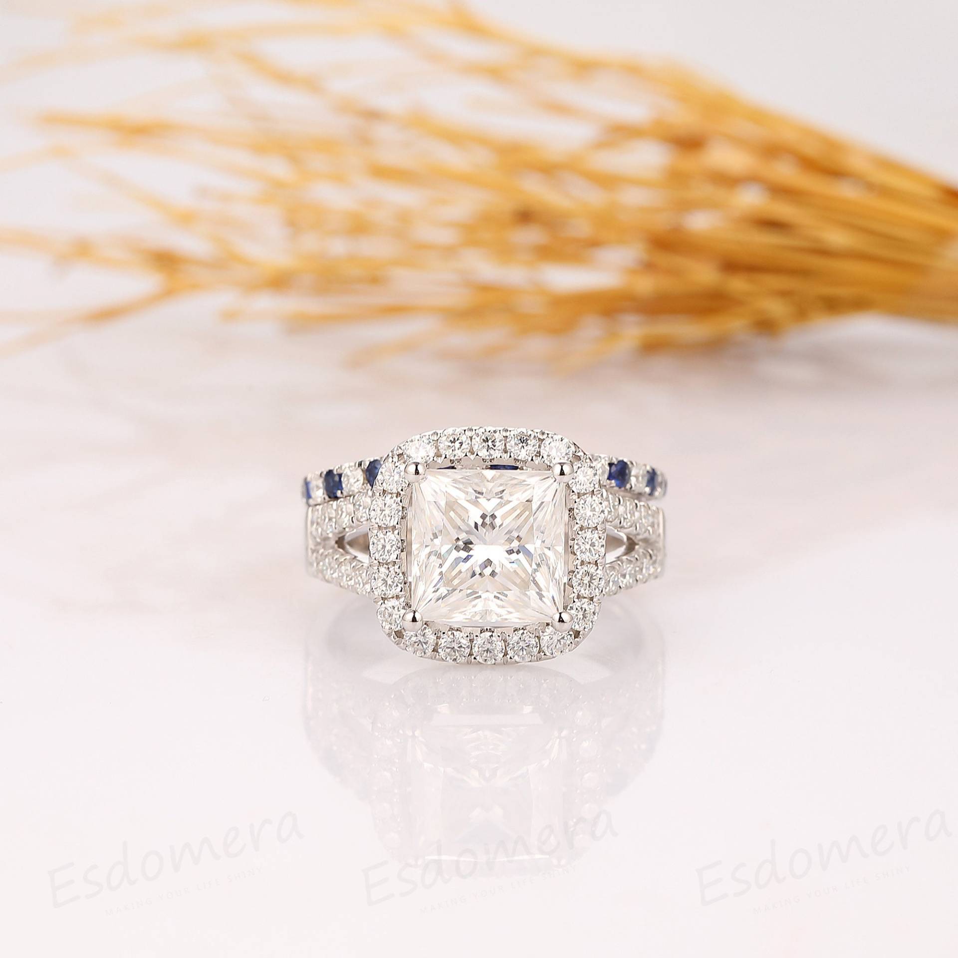 Split Schaft Verlobungsring, 3Ct Prinzessin Geschnitten Moissanite Ring, Versprechen Braut Ring Set, Volle Ewigkeit Hochzeit Band, Weißgold Set von Esdomera