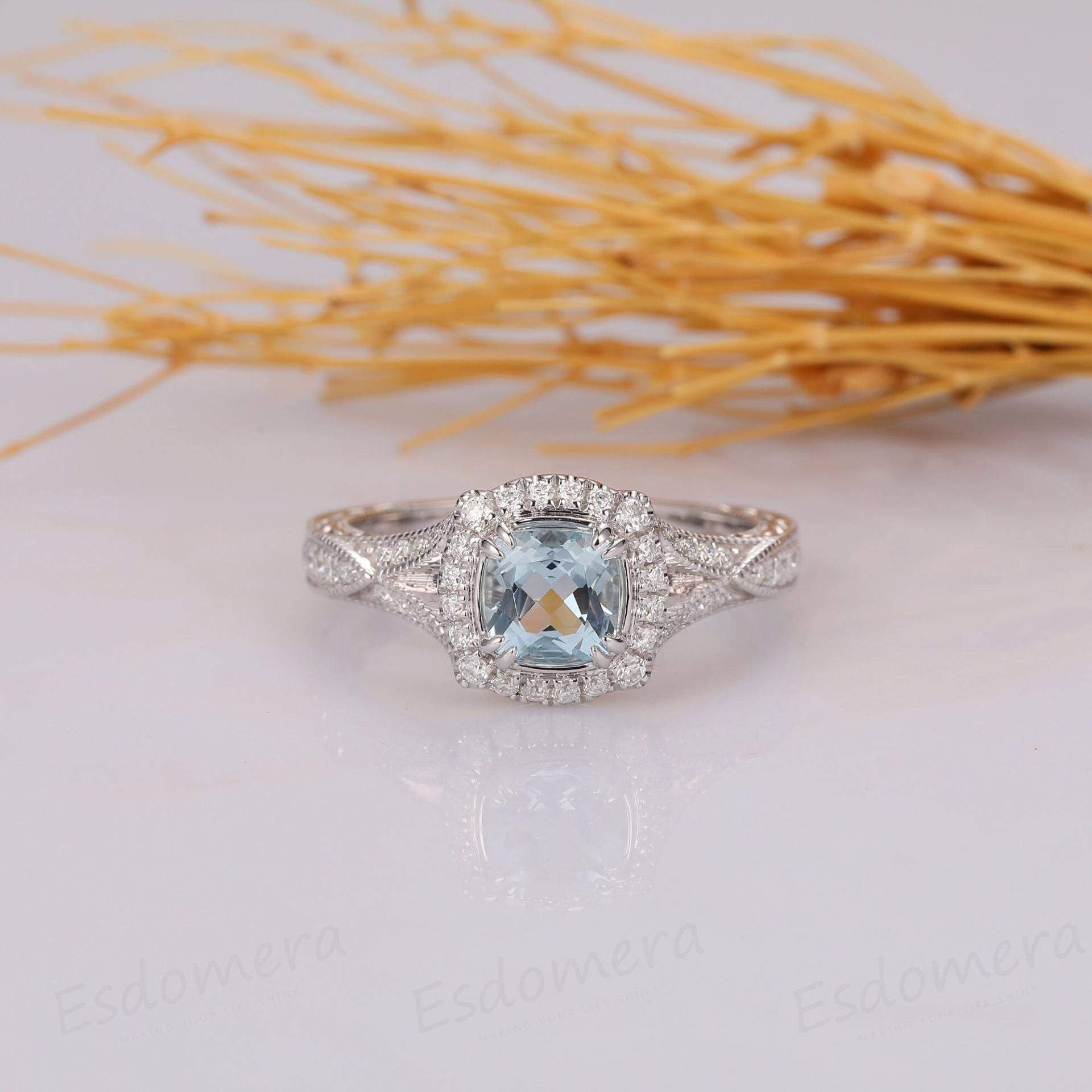 Vintage Milgrain Kissen Schliff 1, 1Ct Aquamarin Verlobungsring, Halbe Ewigkeit Heiligenschein Ring, März Geburtsstein Schmuck, Braut Jahrestag von Esdomera