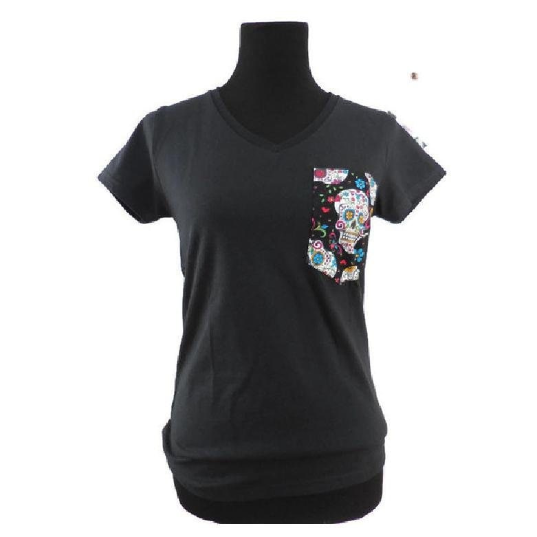 Damen V-Ausschnitt T-Shirt, Dia De Los Muertos T-Shirt, Schädel Schwarz T-Shirt Mit Tasche Damen V-Ausschnitt T-Shirt, Dia De Los Muertos T-Shirt, Schädel Schwarz T-Shirt Mit Tasche von EsenciaModa