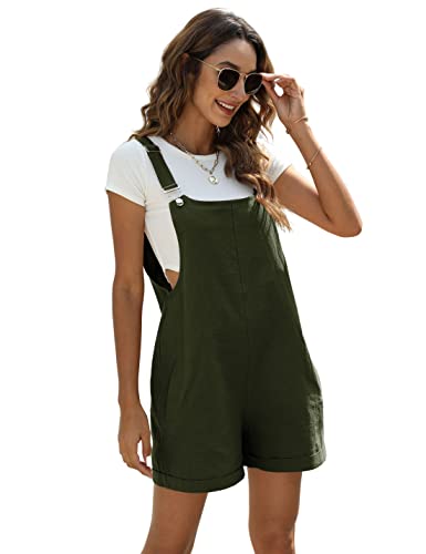 EsheSy Damen Leinen Kurz Overalls Casual Sommer Shorts Jumpsuit Strampler mit Taschen, Army Grün, Medium von EsheSy