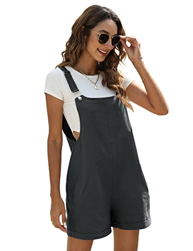 EsheSy Damen Leinen Kurz Overalls Casual Sommer Shorts Jumpsuit Strampler mit Taschen, Dunkelgrau, Groß von EsheSy