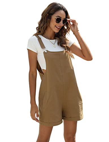 EsheSy Damen Leinen Kurz Overalls Casual Sommer Shorts Jumpsuit Strampler mit Taschen, Khaki, Large von EsheSy