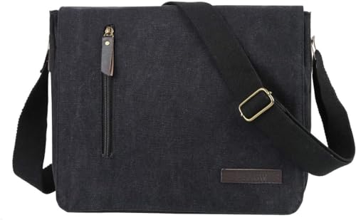 Eshow schwarz Umhängetasche Schultertasche Messenger Bag Damen & Herren für 14 Zoll Laptop klein Leinwand Canvas vintage Retro mit Handyfach zum Arbeit Freizeit von Eshow