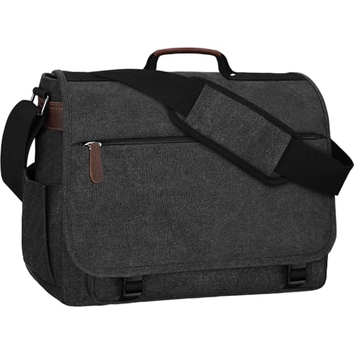 Eshow Umhängetasche Herren aus Canvas, Messenger Bag, Laptoptasche für 14 Zoll Laptop, Premium Herrentasche, Schultertasche, Kuriertasche, Arbeitstasche für Arbeit Uni Freizeit Schwarz, Vintage von Eshow
