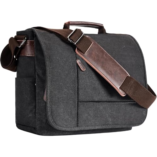 Eshow Umhängetasche Herren aus Canvas, Messenger Bag, Laptoptasche für 15 Zoll Laptop, Premium Herrentasche, Schultertasche, Kuriertasche, Arbeitstasche für Arbeit Uni Freizeit Schwarz, Vintage von Eshow