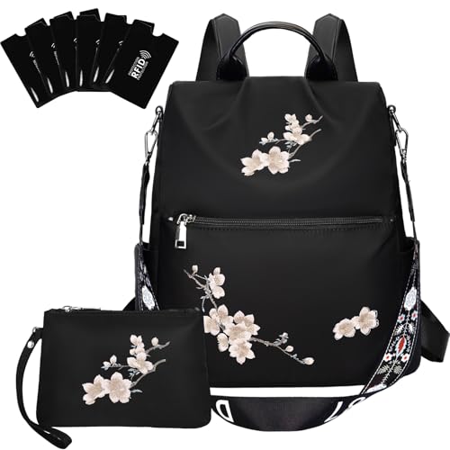 Eshow Rucksack Damen Klein, Anti-Diebstahl Elegant Cityrucksack Tagesrucksack, 3 in 1 Rucksacktasche mit Clutchbag RFID Blocker, Kleiner Damenrucksack Modern für Pendeln Schule Arbeit Reise Schwarz von Eshow