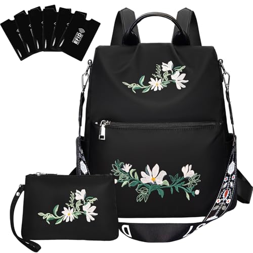 Eshow Rucksack Damen Klein, Anti-Diebstahl Elegant Cityrucksack Tagesrucksack, 3 in 1 Rucksacktasche mit Clutchbag RFID Blocker, Kleiner Damenrucksack Modern für Pendeln Schule Arbeit Reise Schwarz von Eshow