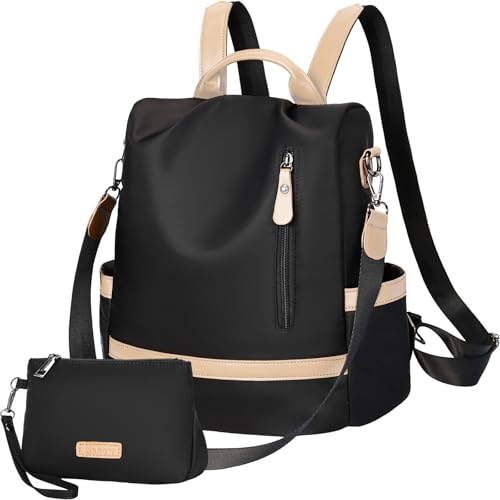 Eshow Rucksack Damen Klein, Anti-Diebstahl Elegant Cityrucksack Tagesrucksack, 3 in 1 Rucksacktasche mit Clutchbag RFID Blocker, Kleiner Damenrucksack Modern für Pendeln Schule Arbeit Reise Schwarz von Eshow