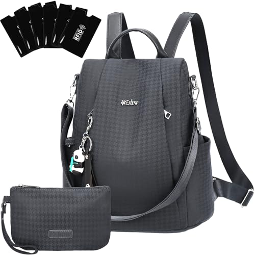 Eshow Rucksack Damen Klein, Anti-Diebstahl Kleiner Cityrucksack Tagesrucksack Elegant, 3 in 1 Rucksacktasche mit Clutchbag & RFID Blocker Modern für Pendeln Schule Arbeit Reise Grau von Eshow
