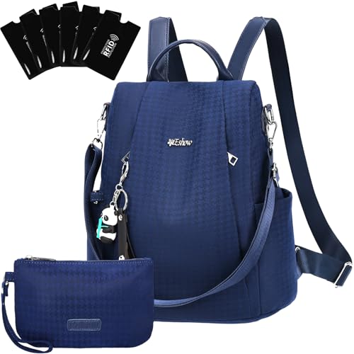 Eshow Rucksack Damen Klein, Anti-Diebstahl Kleiner Cityrucksack Tagesrucksack Elegant, 3 in 1 Rucksacktasche mit Clutchbag & RFID Blocker Modern für Pendeln Schule Arbeit Reise Blau von Eshow