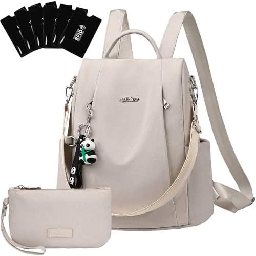 Eshow Rucksack Damen Klein, Anti-Diebstahl Kleiner Cityrucksack Tagesrucksack Elegant, 3 in 1 Rucksacktasche mit Clutchbag & RFID Blocker Modern für Pendeln Schule Arbeit Reise Beige von Eshow
