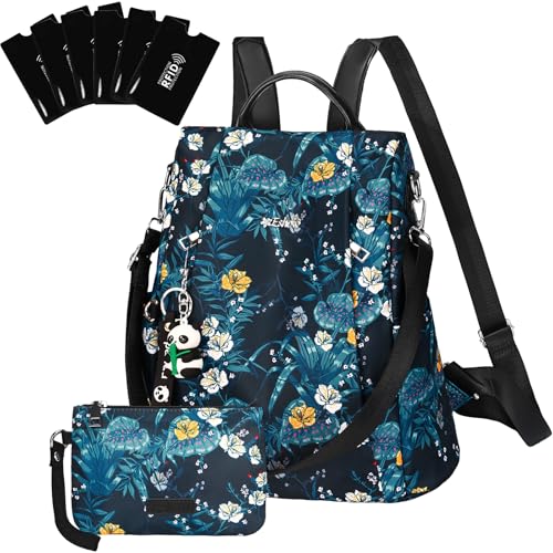 Eshow Rucksack Damen Klein, Anti-Diebstahl Kleiner Cityrucksack Tagesrucksack Elegant, 3 in 1 Rucksacktasche mit Clutchbag & RFID Blocker Modern für Pendeln Schule Arbeit Reise Blau von Eshow